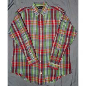 VTG 90s POLO RALPH‎ LAUREN Cotton Madras L/S Shirt Plaid XL Made In Singapore